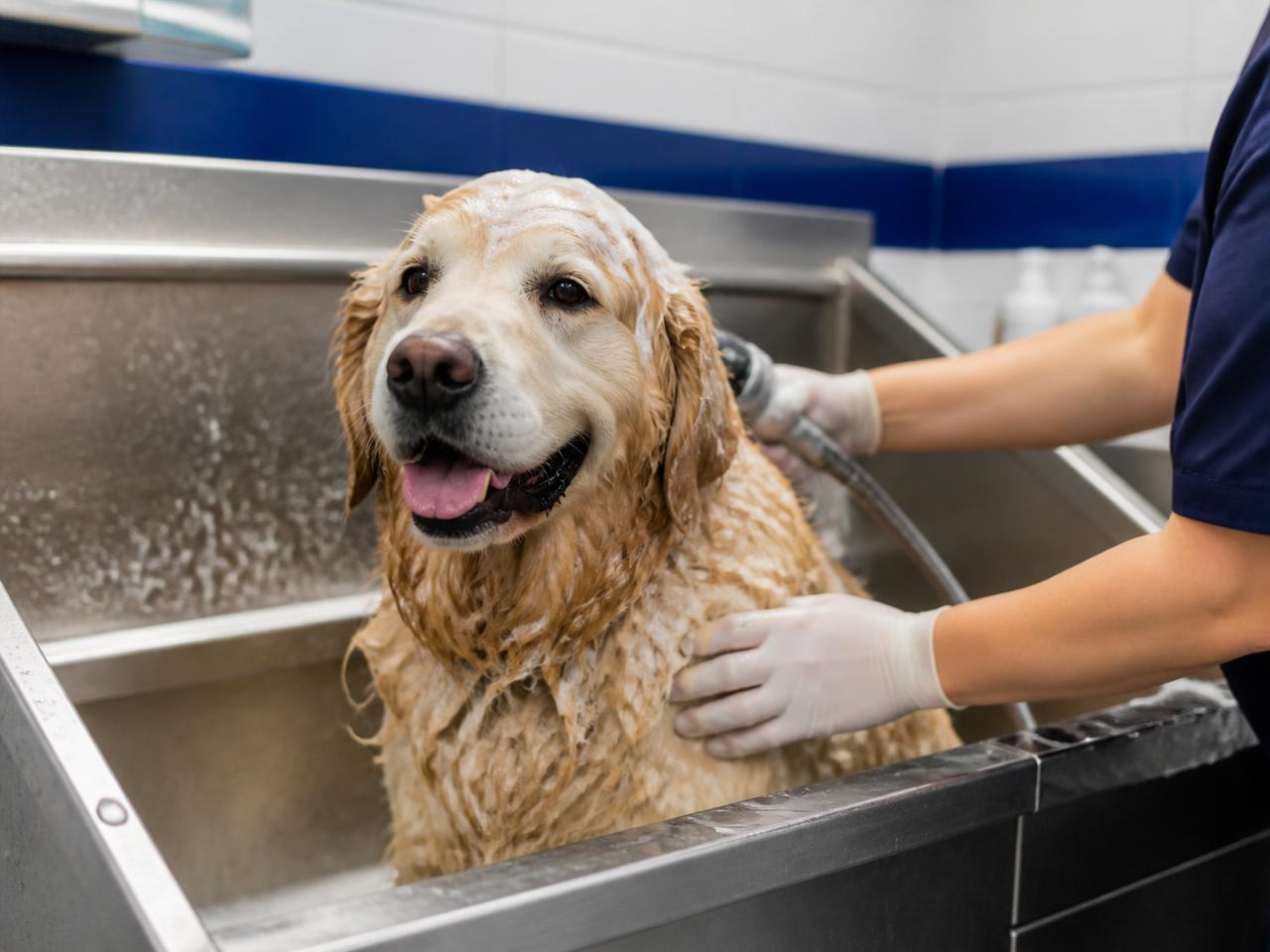 Cane durante il lavaggio professionale nella vasca del centro cinofilo Dogland