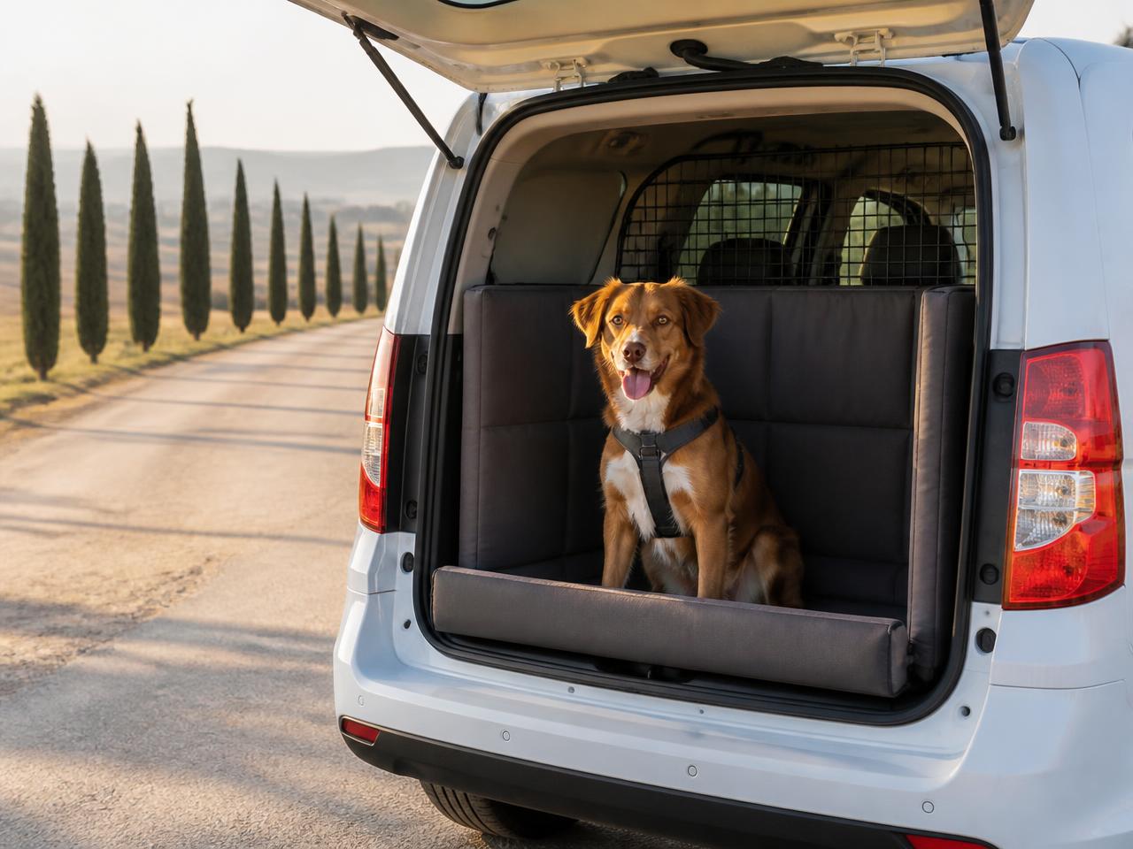 Cane in sicurezza nel vano trasporto attrezzato del servizio Taxi Dog Dogland