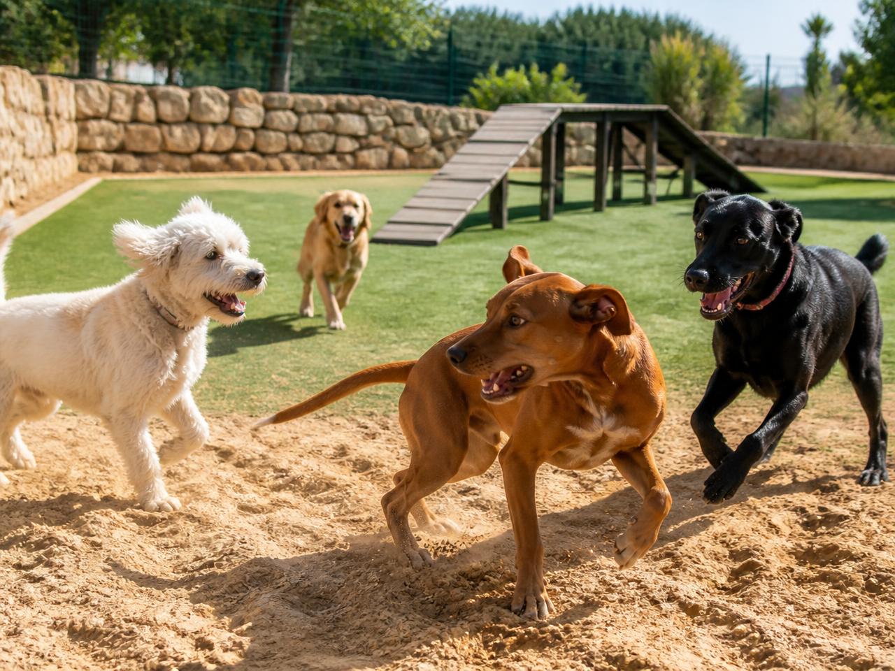 Cani che giocano insieme nell'area diurna dell'asilo Dogland
