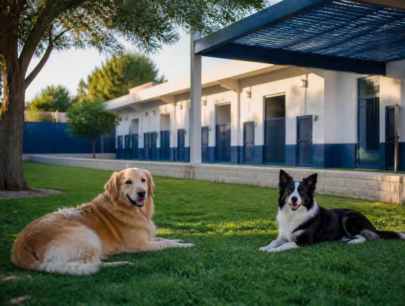 Area esterna del centro cinofilo Dogland a Recale con cani rilassati sul prato