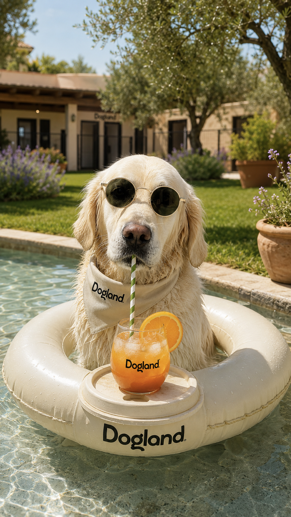 Cane che gioca in acqua nell'area piscina della pensione per cani Dogland
