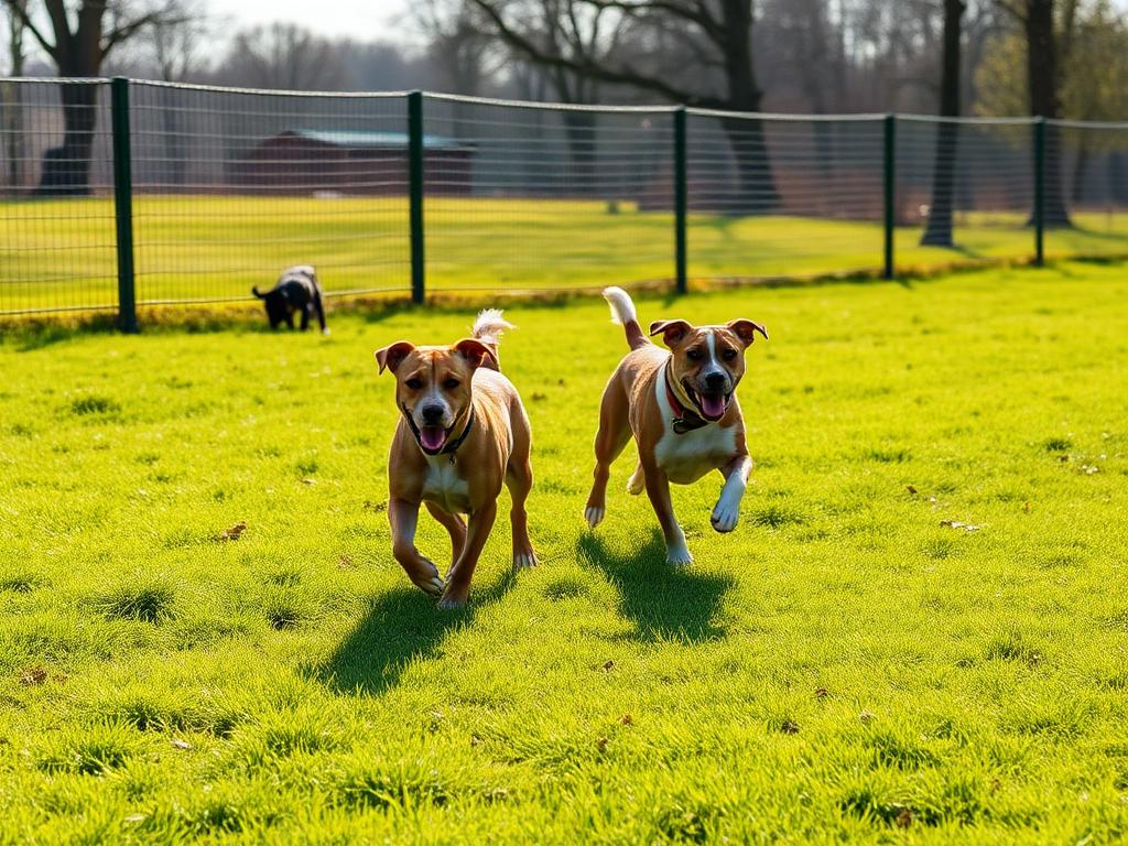 Due cani corrono in un'ampia area sgambamento erbosa recintata