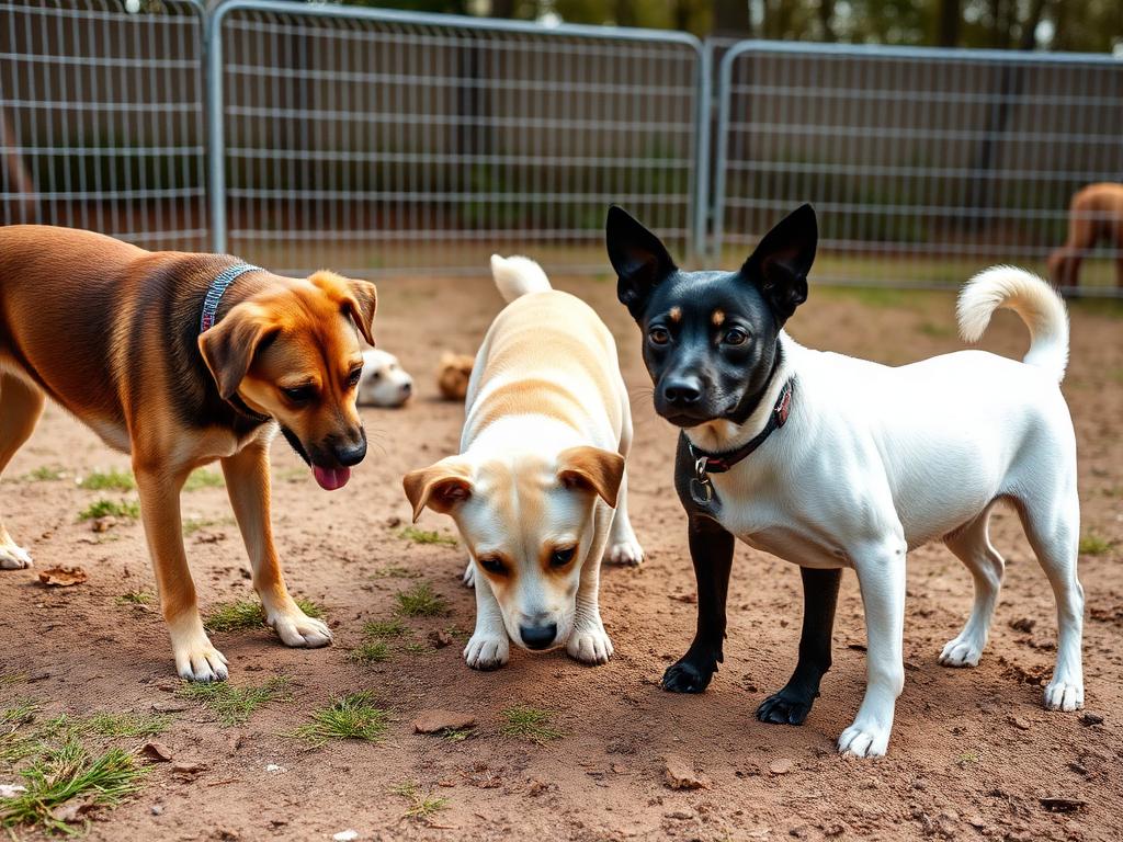 Piccolo gruppo di cani compatibili interagisce in area sgambamento sotto supervisione