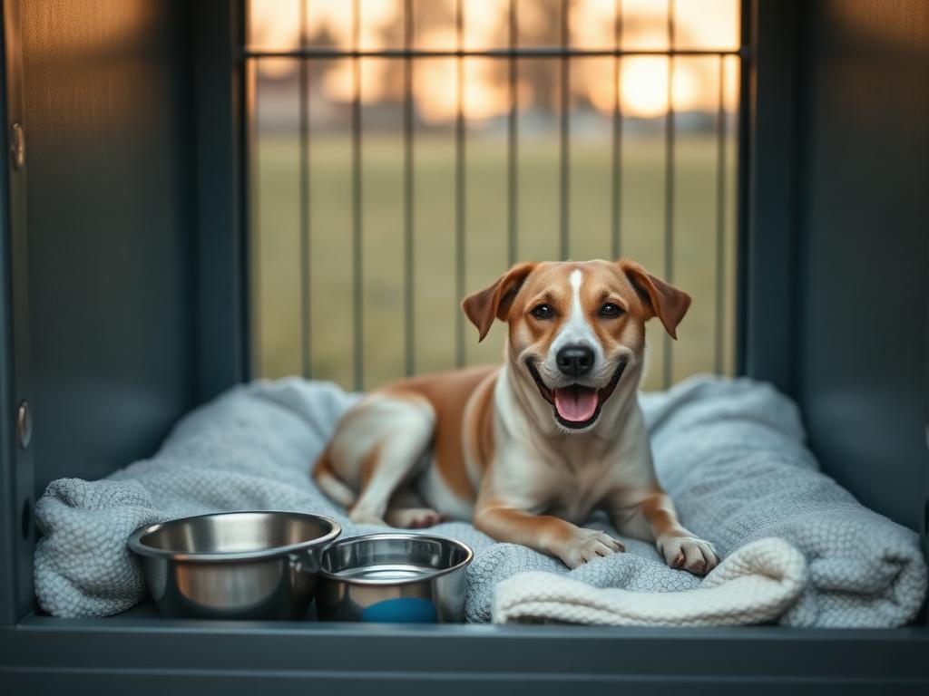Cane sereno nel proprio box individuale serale con coperta e ciotole