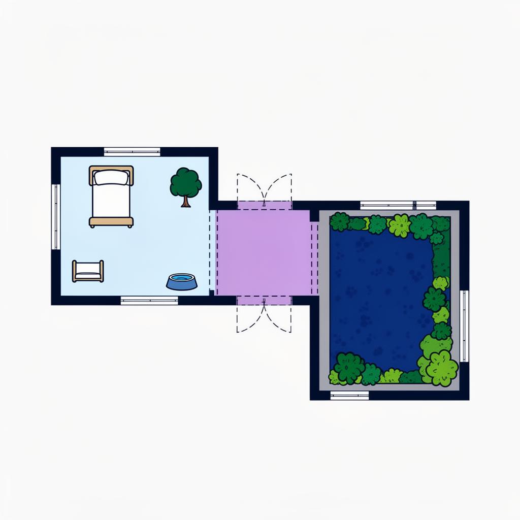 Schema della planimetria di un box individuale Dogland con zona interna, passaggio e area esterna